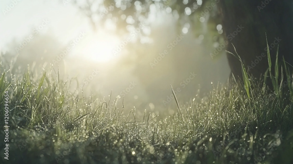 Dew-covered grass at sunrise in a misty field. Dew-covered grass at sunrise in a misty field.