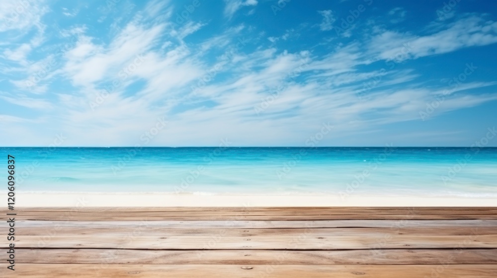 Fototapeta premium Wood table top on blur beach background