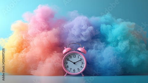 Pink alarm clock in front of colorful smoke clouds on blue background. photo