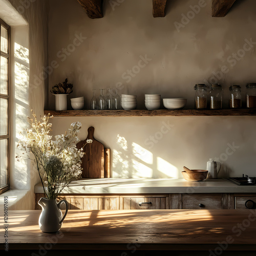 Rustic gourmet french country kitchen with light and sun 