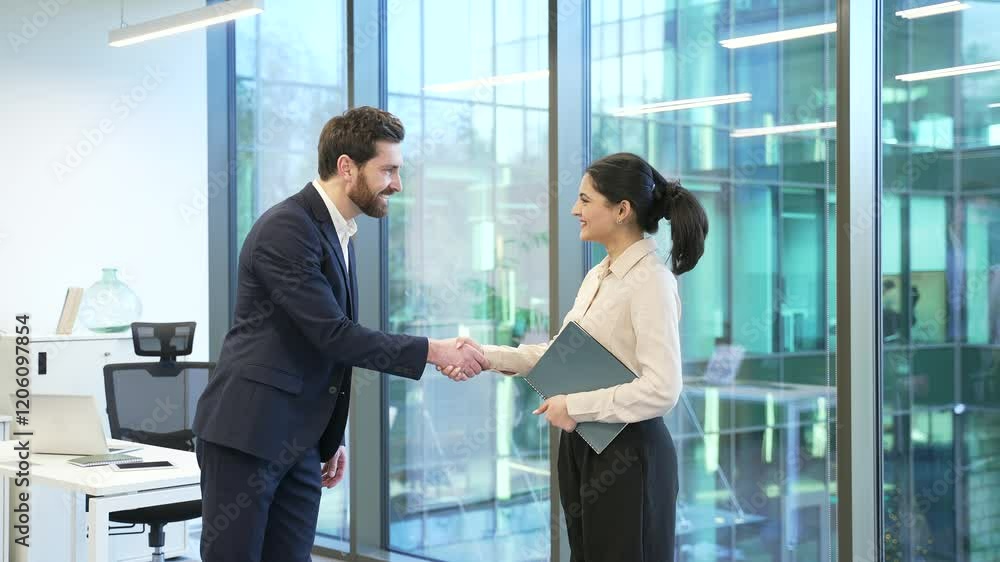 Two business people a man and a woman shaking hands after deal in a modern business office. Male and female coworkers smile, suggesting successful collaboration, professional relationship and teamwork