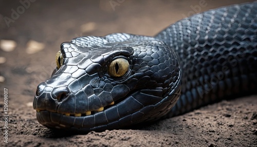 Gros plan sur une Mamba Noire au visage impassible et à la teinte sombre, serpent, reptile, venimeux, périlleux, mortel, africain photo