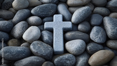 Stone Cross Among Smooth River Rocks