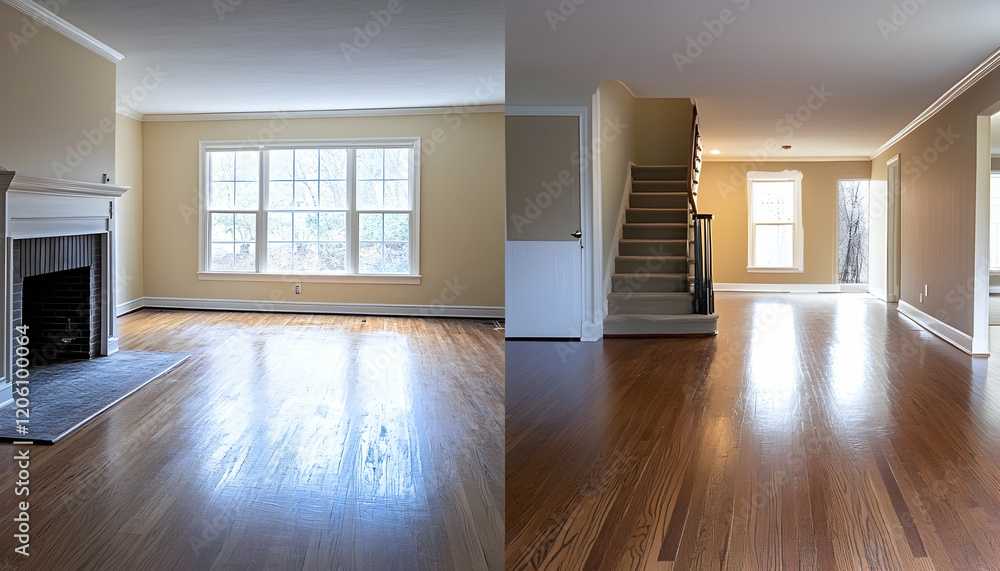 Stunning home makeover before and after the construction, featuring new hardwood floors and fresh paint. AI Generated