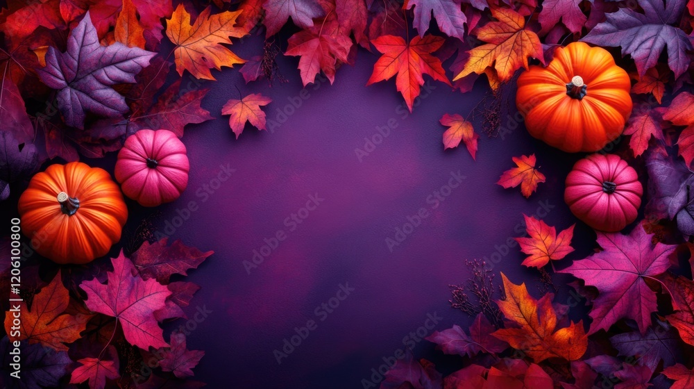 Autumnal leaves and pumpkins on purple background with vibrant fall colors. Thanksgiving, Halloween Autumnal leaves and pumpkins on purple background with vibrant fall colors. Thanksgiving, Halloween