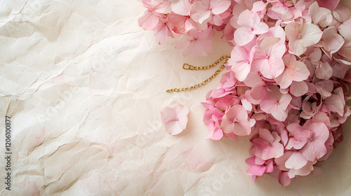 Delicate pink hydrangeas and a gold chain on crumpled paper. A pretty, feminine image perfect for blogs, websites, or social media.