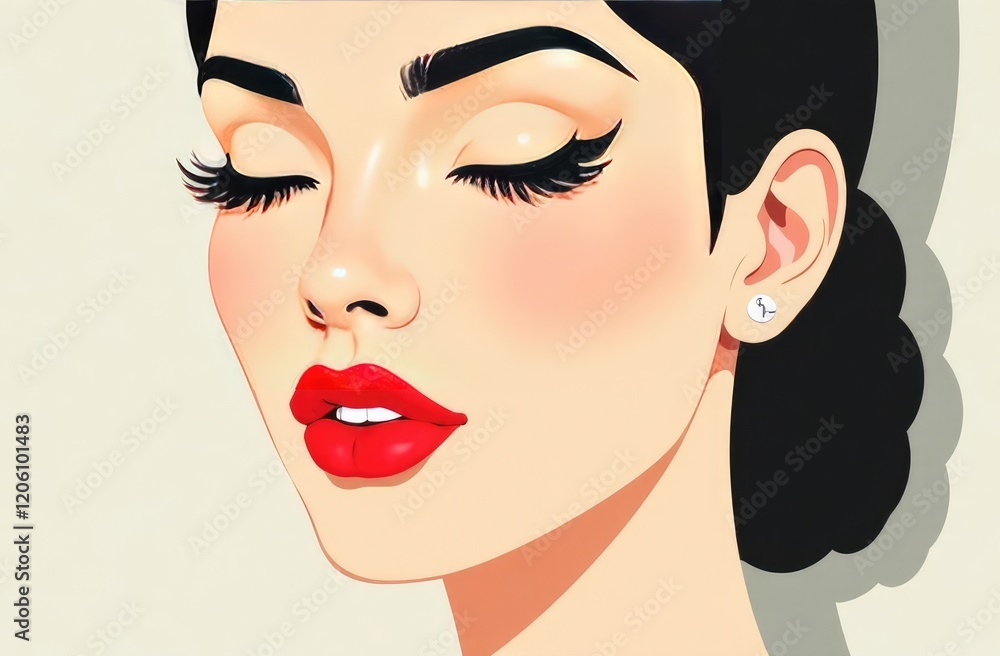 Creative trendy idea of a woman's face with eyelashes and red lipstick. Minimal fashion makeup and cosmetic concept Creative trendy idea of a woman's face with eyelashes and red lipstick. Minimal fashion makeup and cosmetic concept
