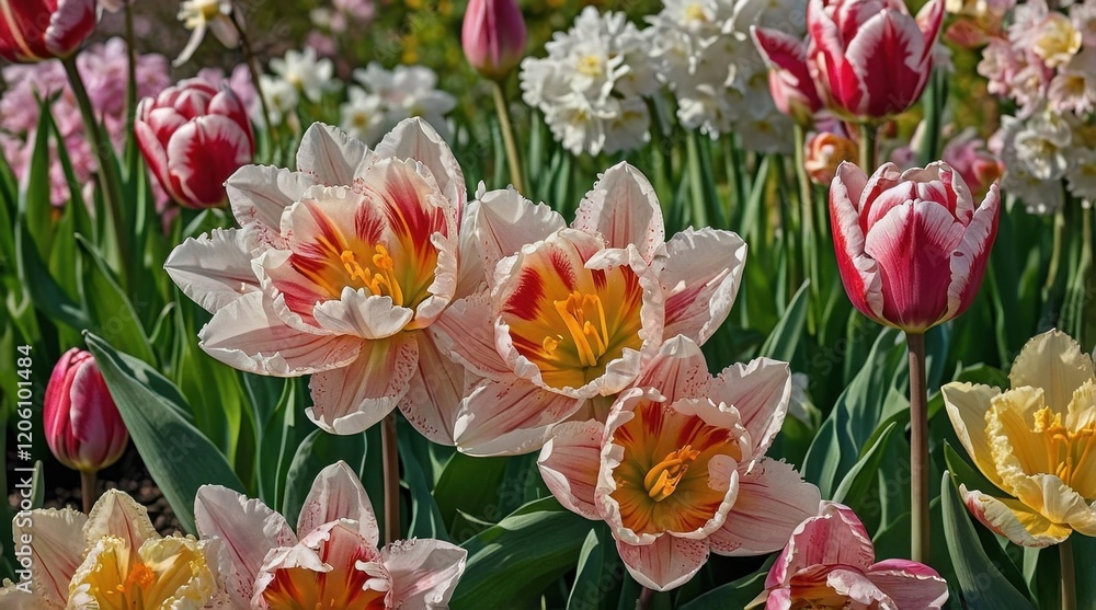 Fototapeta premium Pattern of hand drawn spring flowers, flowers, tulip, crocus