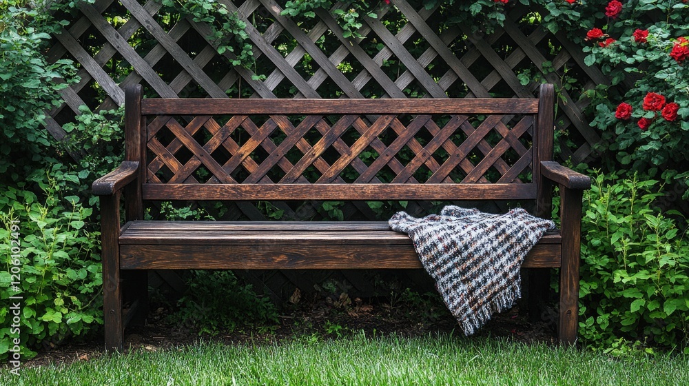 Obraz premium Wooden garden bench with blanket and red roses in lush greenery