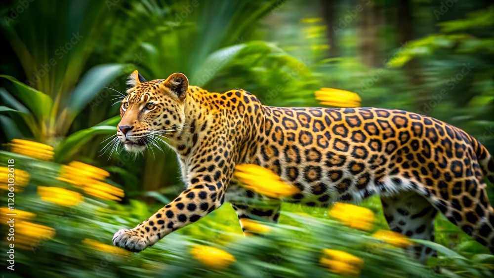 Naklejka premium Long Exposure Leopard in Tropical Jungle with Yellow Flowers Wallpaper