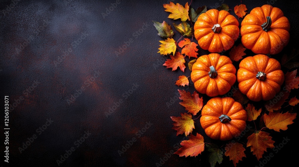 Vibrant orange pumpkins against dark background with autumn leaves. Thanksgiving, Halloween Vibrant orange pumpkins against dark background with autumn leaves. Thanksgiving, Halloween
