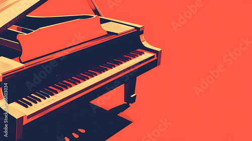 Piano on red background. 3d rendering of tinted image, minimalism