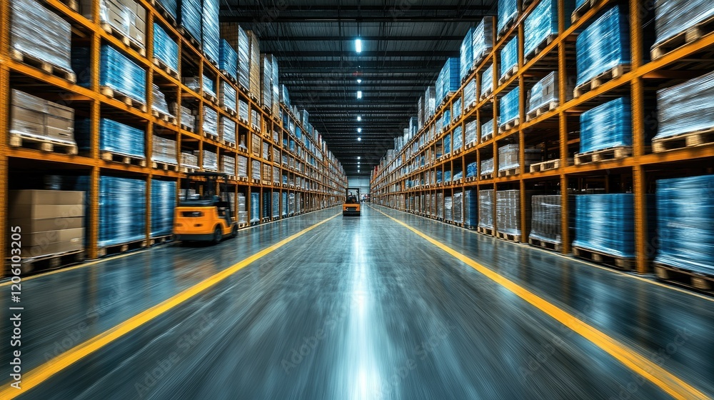 A spacious warehouse interior with stacked pallets and a forklift, illustrating industrial storage. A spacious warehouse interior with stacked pallets and a forklift, illustrating industrial storage.
