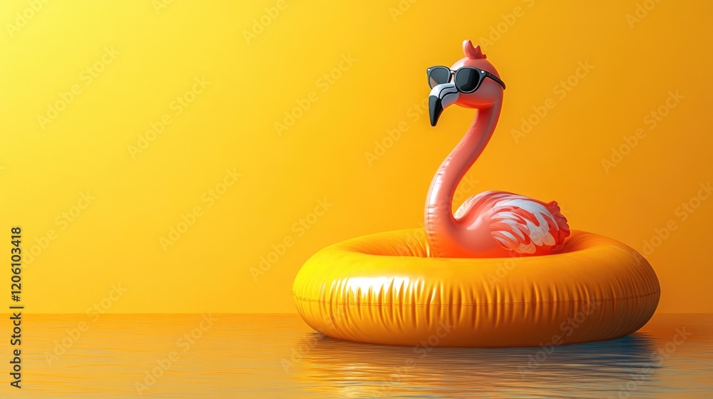 Fototapeta premium Inflatable flamingo with sunglasses on yellow background