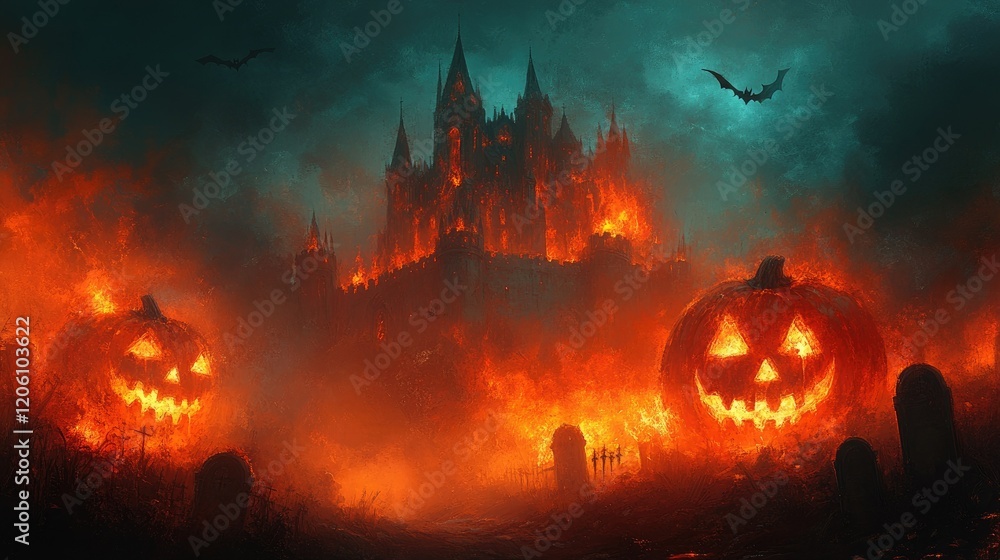 A spooky Halloween scene featuring a fiery castle, carved pumpkins, and bats in a dark atmosphere. A spooky Halloween scene featuring a fiery castle, carved pumpkins, and bats in a dark atmosphere.