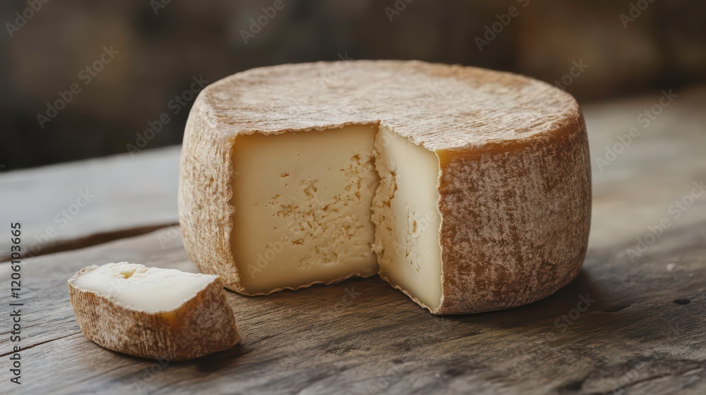 A wheel of artisan cheese on a rustic wooden table, a wedge cut out, showing its creamy interior. A wheel of artisan cheese on a rustic wooden table, a wedge cut out, showing its creamy interior.