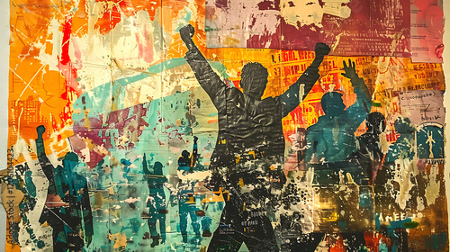 Silhouette of a group of people dancing in front of graffiti
