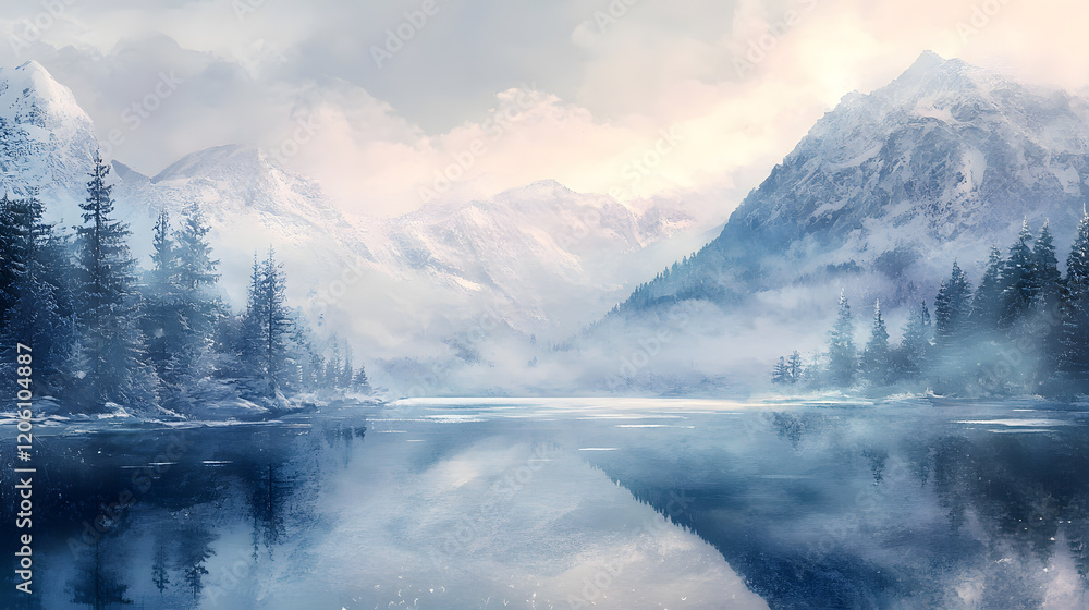 custom made wallpaper toronto digitalPeaceful winter landscape with a calm lake and towering peaks.