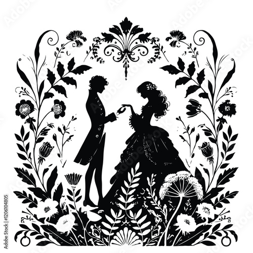Vintage wedding invitation card with ornate elegant retro design. Loving couple in vintage baroque style. Vector illustration, wedding couple in vintage baroque frame. Greeting Card	