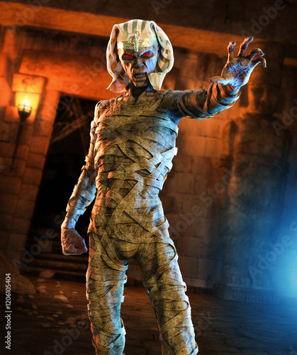 Creepy mummy zombie speaks a curse in an ancient Egyptian ruin