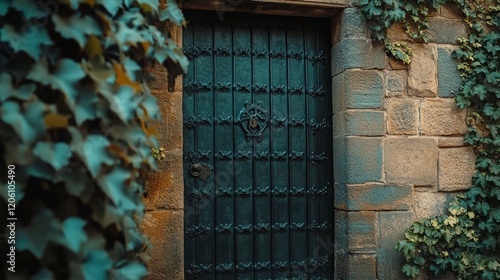 A vintage door with iron strips forming a protective pattern, set against the stone walls of an old house, with ivy growing nearby.