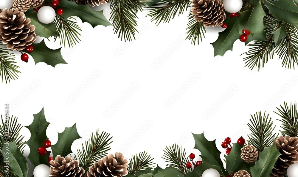 Fototapeta premium Festive Christmas Border with Pinecones, a vibrant design featuring lush greenery, decorative pinecones, and cheerful holiday elements.