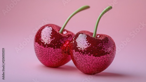 Glittering red cheries on pink background with green stems photo