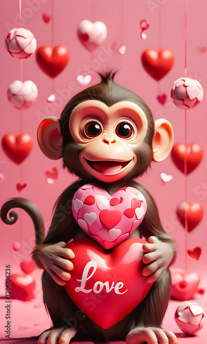 Cute happy monkey Maimun holding a heart on a pink background. Birthday, Valentine's Day photo