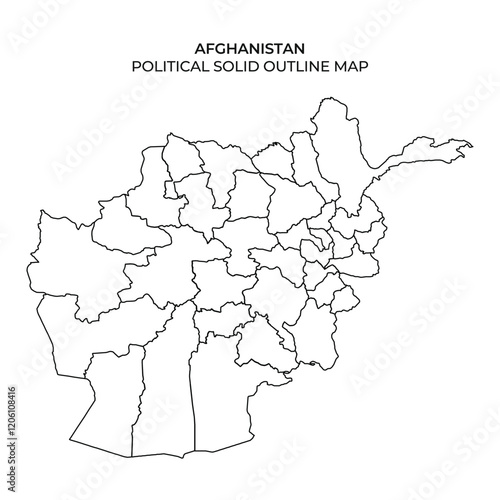 This illustration displays a solid outline map of Afghanistan, showcasing the different provinces and regions without additional details. The focus is on political boundaries.