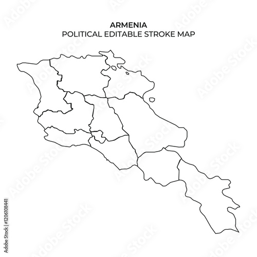 A detailed outline of Armenias political divisions is displayed. The map highlights various regions and borders without color, showcasing a clear design for editing and analysis.