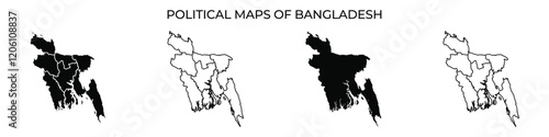 Maps of Bangladesh display different regions using varying shades of black. Each map highlights administrative divisions, showing their geographical boundaries clearly.