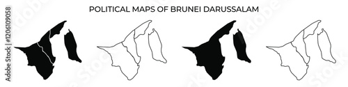 Maps display the political boundaries of Brunei Darussalam, showcasing its unique shape and division. The black and white contrast enhances visibility of geographical features.