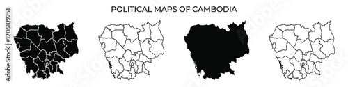 Different variations of political maps of Cambodia illustrate its administrative divisions. The maps use distinct colors to highlight borders and regions, making them visually informative.