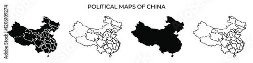 Four distinct political maps of China illustrate various regions and divisions. Each map highlights different features in black and white, showing geographical boundaries clearly.