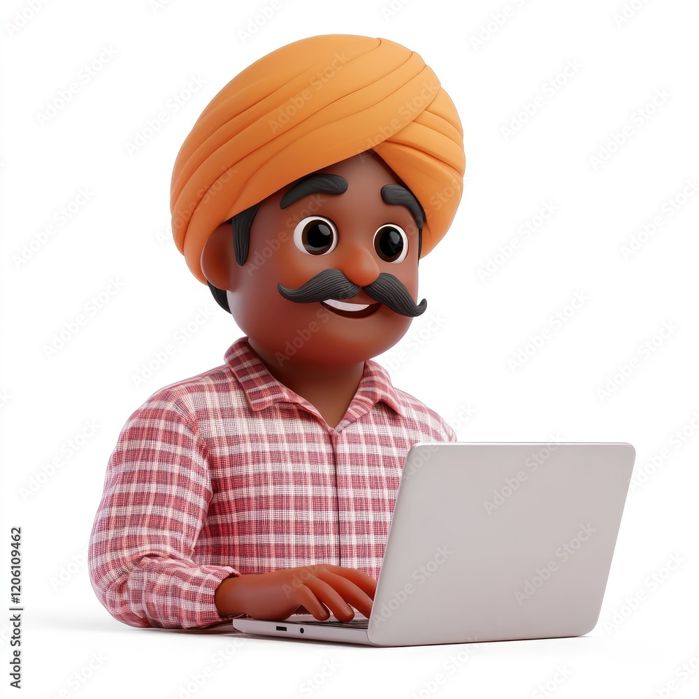 3D memoji of Indian man in turban using laptop and smiling while wearing checkered shirt on white background 3D memoji of Indian man in turban using laptop and smiling while wearing checkered shirt on white background
