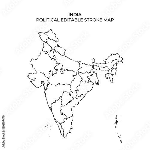 The illustration showcases a detailed political map of India, featuring distinct outlines of states and union territories. Its simplicity allows for easy editing and labeling.