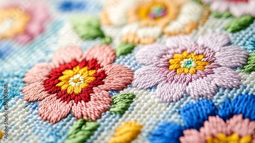 Colorful floral embroidery forming a vibrant textile pattern
