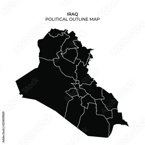 This outline map displays the political divisions of Iraq, highlighting various regions and boundaries. The monochromatic design emphasizes geographical features without additional details.