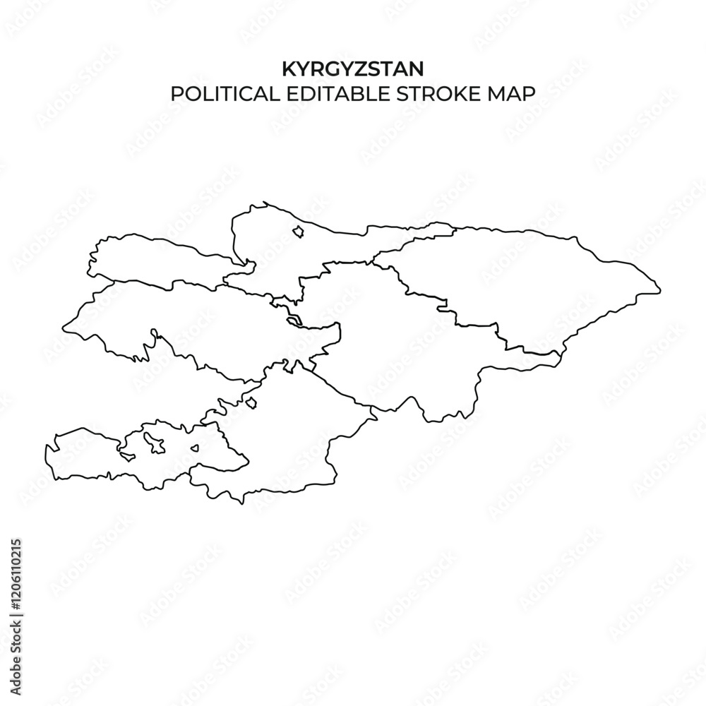 Displaying the political outline of Kyrgyzstan, this editable stroke map highlights the countrys borders and can be utilized for various geographic projects and presentations. Displaying the political outline of Kyrgyzstan, this editable stroke map highlights the countrys borders and can be utilized for various geographic projects and presentations.