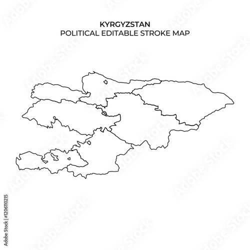 Displaying the political outline of Kyrgyzstan, this editable stroke map highlights the countrys borders and can be utilized for various geographic projects and presentations.