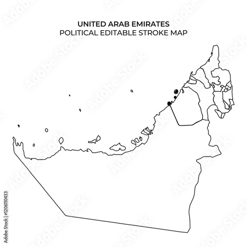 Detailed outline map of the United Arab Emirates, highlighting the political boundaries and significant locations. The regions within the outline are empty, emphasizing the structure.