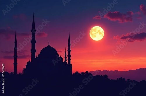 Mosque sunset sky, moon, holy night, islamic night and silhouette mosque, islamic wallpaper