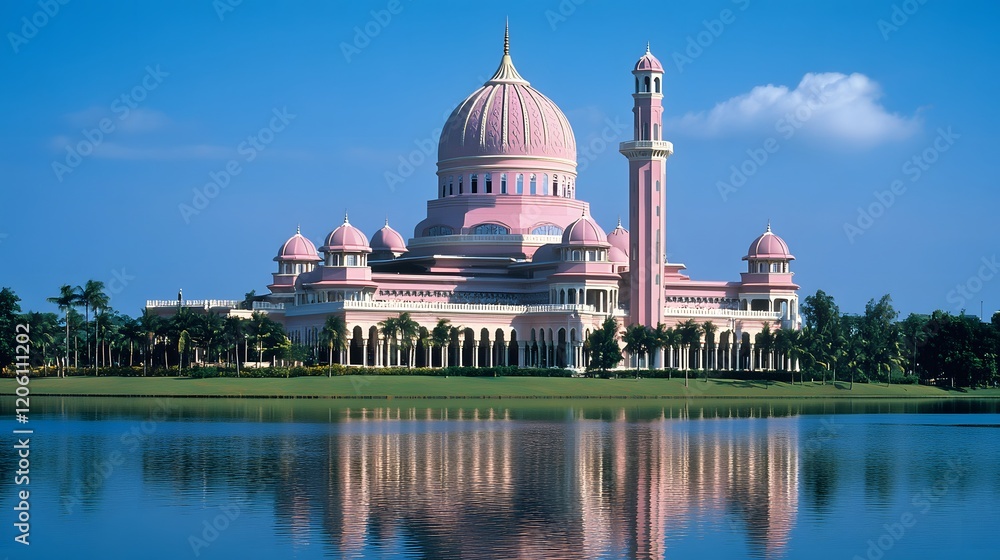Fototapeta premium Pink Mosque Reflecting in Calm Water a Beautiful Sight