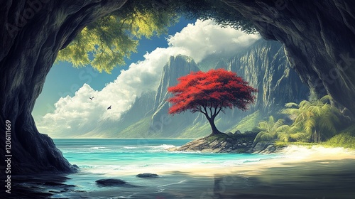 A serene coastal landscape featuring a vibrant red tree surrounded by mountains and ocean.