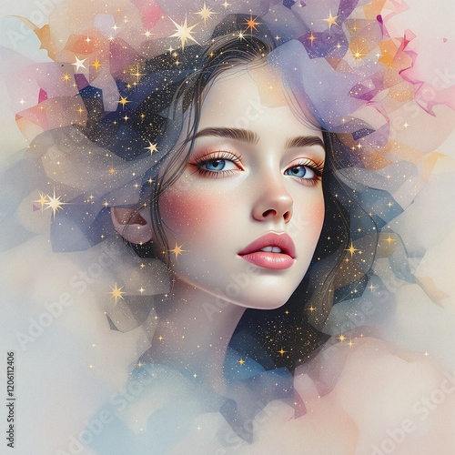 Dreamy Watercolor Chalk Portrait of a Girl in Surreal Stardust Dreamscape