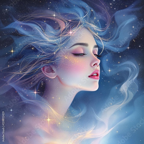 Dreamy Watercolor Chalk Portrait of a Girl in Surreal Stardust Dreamscape