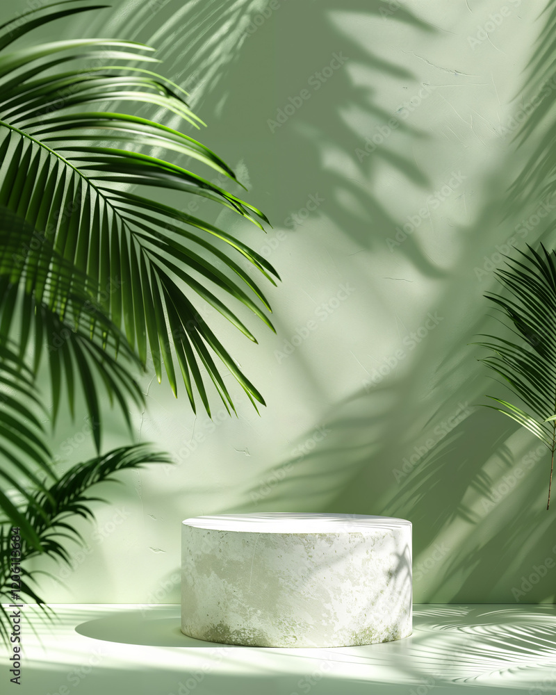 Obraz premium Green tropical background with shadows of palm leaves and a circular stone pedestal in the sunlight