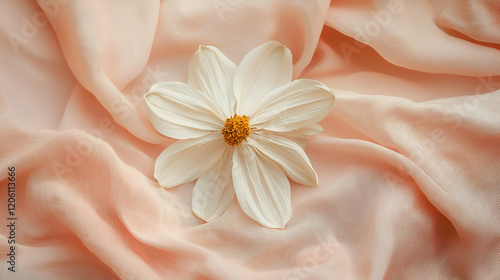 Delicate white flower on soft peach fabric. A serene and elegant image, perfect for beauty, fashion, or lifestyle projects.