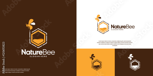 honey bee hexagon logo , honey harvest , product quality , health , graphic vector template.