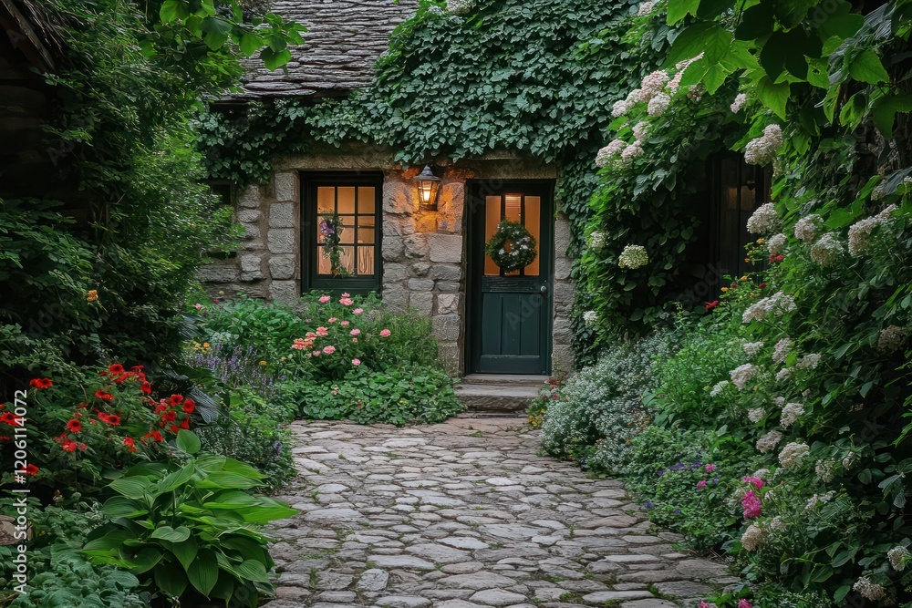 Charming cobblestone path leading to an ivy-covered stone cottage with a welcoming light in the window, surrounded by lush greenery and blooming flowers. Charming cobblestone path leading to an ivy-covered stone cottage with a welcoming light in the window, surrounded by lush greenery and blooming flowers.